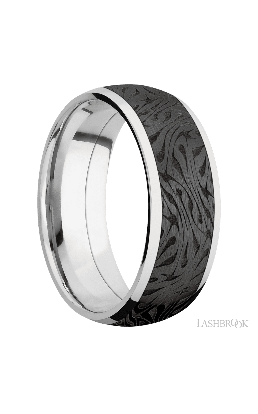 8 mm wide/Domed/Cobalt Chrome band with one 6 mm Centered inlay of Zirconium with a laser carved Escher 1 pattern.