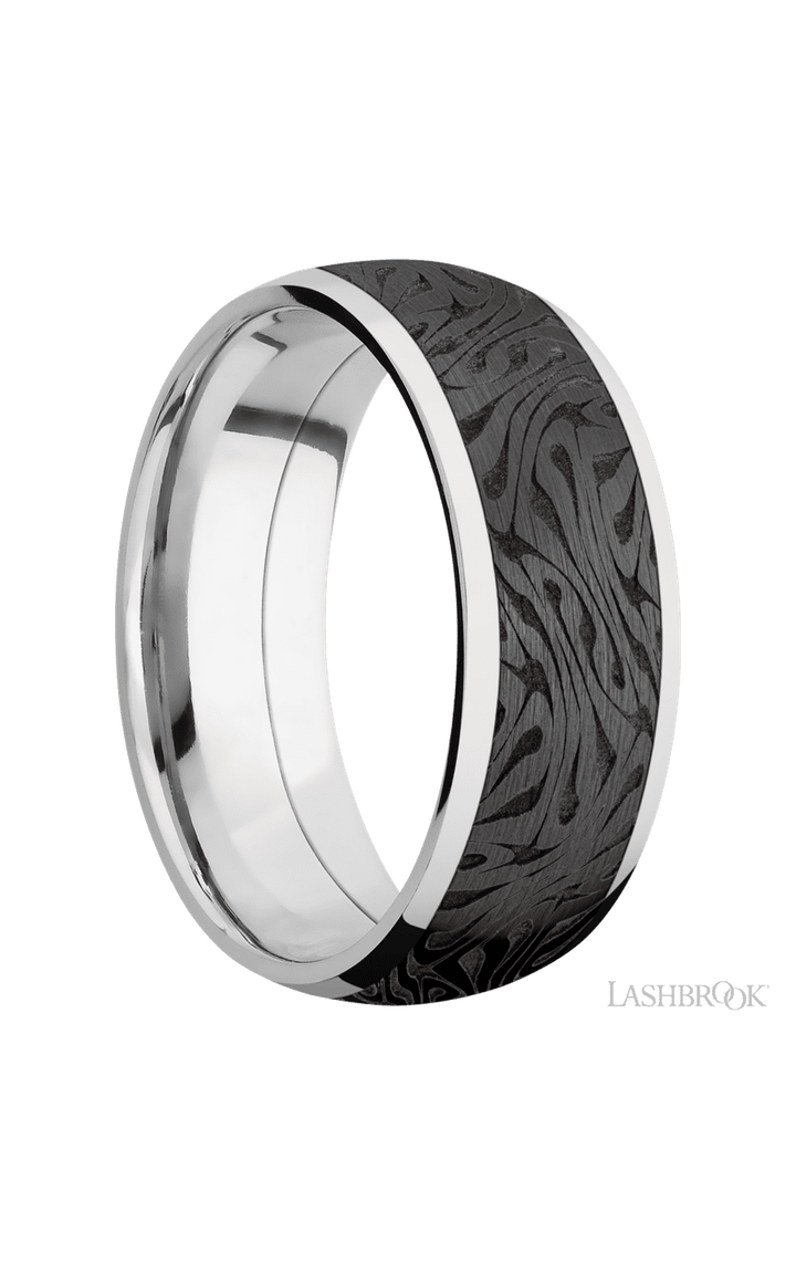8 mm wide/Domed/Cobalt Chrome band with one 6 mm Centered inlay of Zirconium with a laser carved Escher 1 pattern.