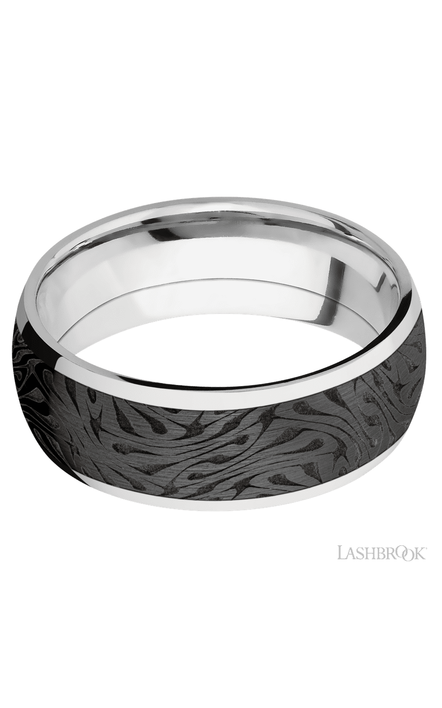 8 mm wide/Domed/Cobalt Chrome band with one 6 mm Centered inlay of Zirconium with a laser carved Escher 1 pattern.