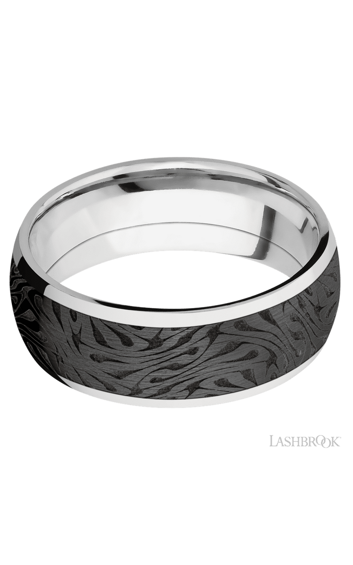 8 mm wide/Domed/Cobalt Chrome band with one 6 mm Centered inlay of Zirconium with a laser carved Escher 1 pattern.
