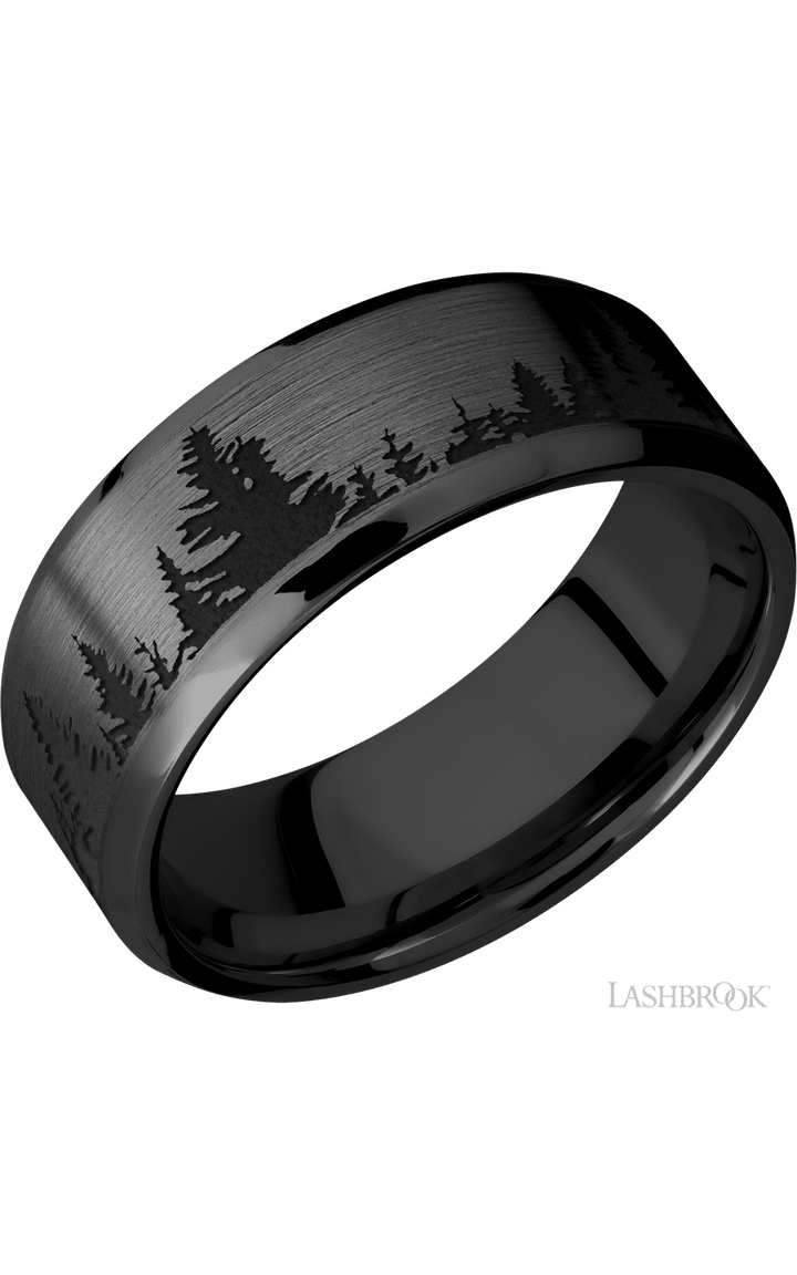 8 mm wide/Beveled/Zirconium band with a laser carved Trees pattern.