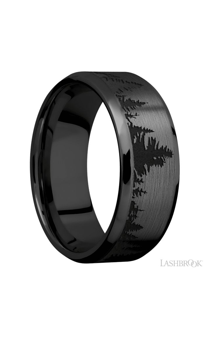 8 mm wide/Beveled/Zirconium band with a laser carved Trees pattern.