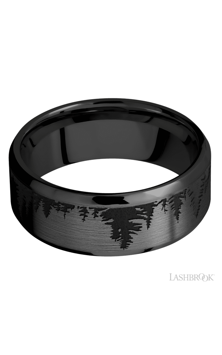 8 mm wide/Beveled/Zirconium band with a laser carved Trees pattern.