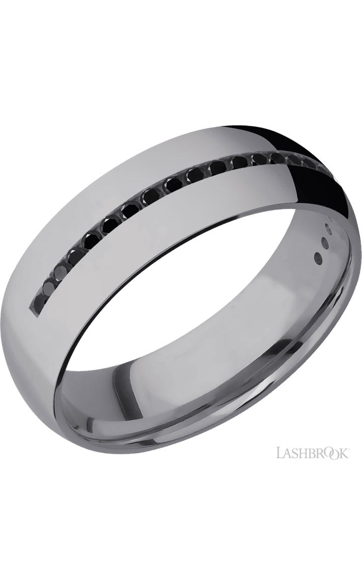 7 mm wide/Domed/Tantalum band with a Half Eternity arrangement of .015 carat Round Black Diamond stones in a Channel setting.