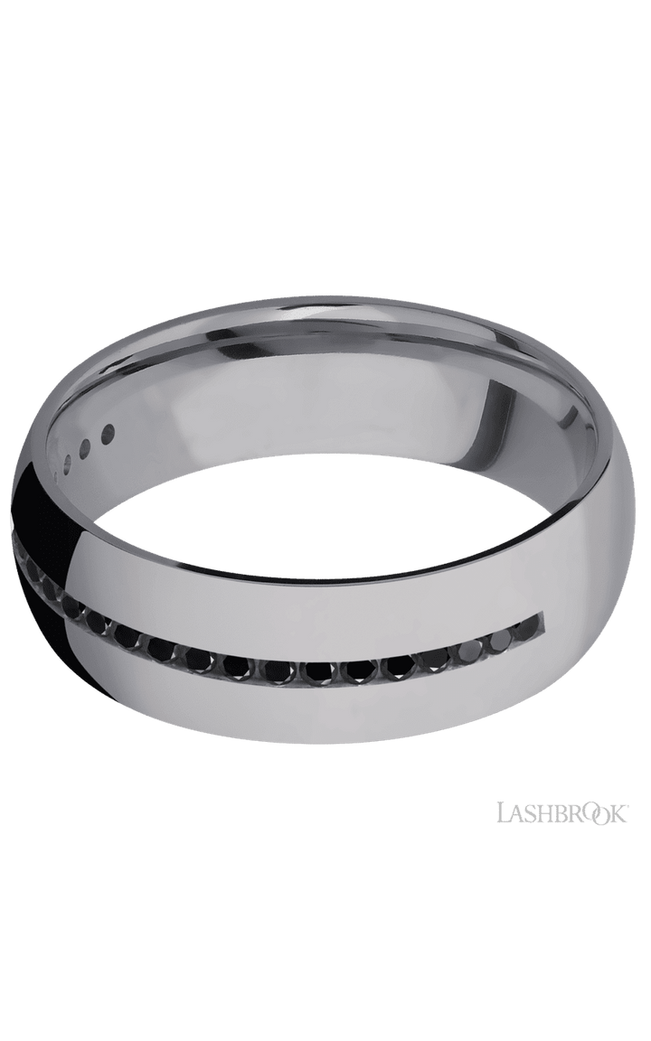 7 mm wide/Domed/Tantalum band with a Half Eternity arrangement of .015 carat Round Black Diamond stones in a Channel setting.