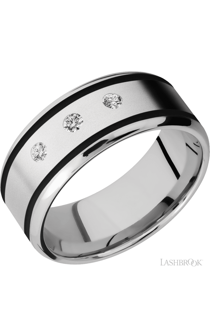 9 mm wide/Beveled/Cobalt Chrome band with  two 1 mm Wide inlays of Black and featuring an  arrangement of 3, .05 carat Round Diamond stones in a Flush setting