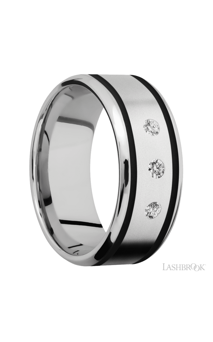9 mm wide/Beveled/Cobalt Chrome band with  two 1 mm Wide inlays of Black and featuring an  arrangement of 3, .05 carat Round Diamond stones in a Flush setting