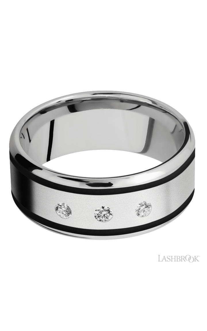9 mm wide/Beveled/Cobalt Chrome band with  two 1 mm Wide inlays of Black and featuring an  arrangement of 3, .05 carat Round Diamond stones in a Flush setting