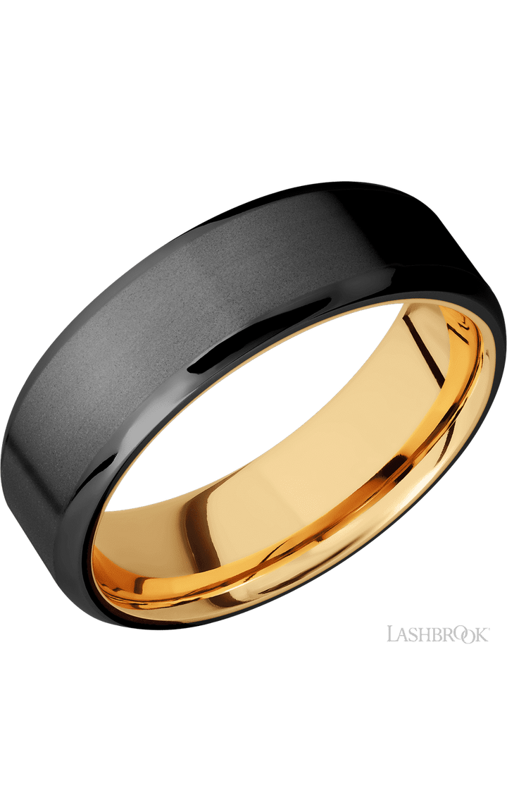 7 mm wide Beveled Zirconium band featuring a 14K Yellow Gold sleeve.