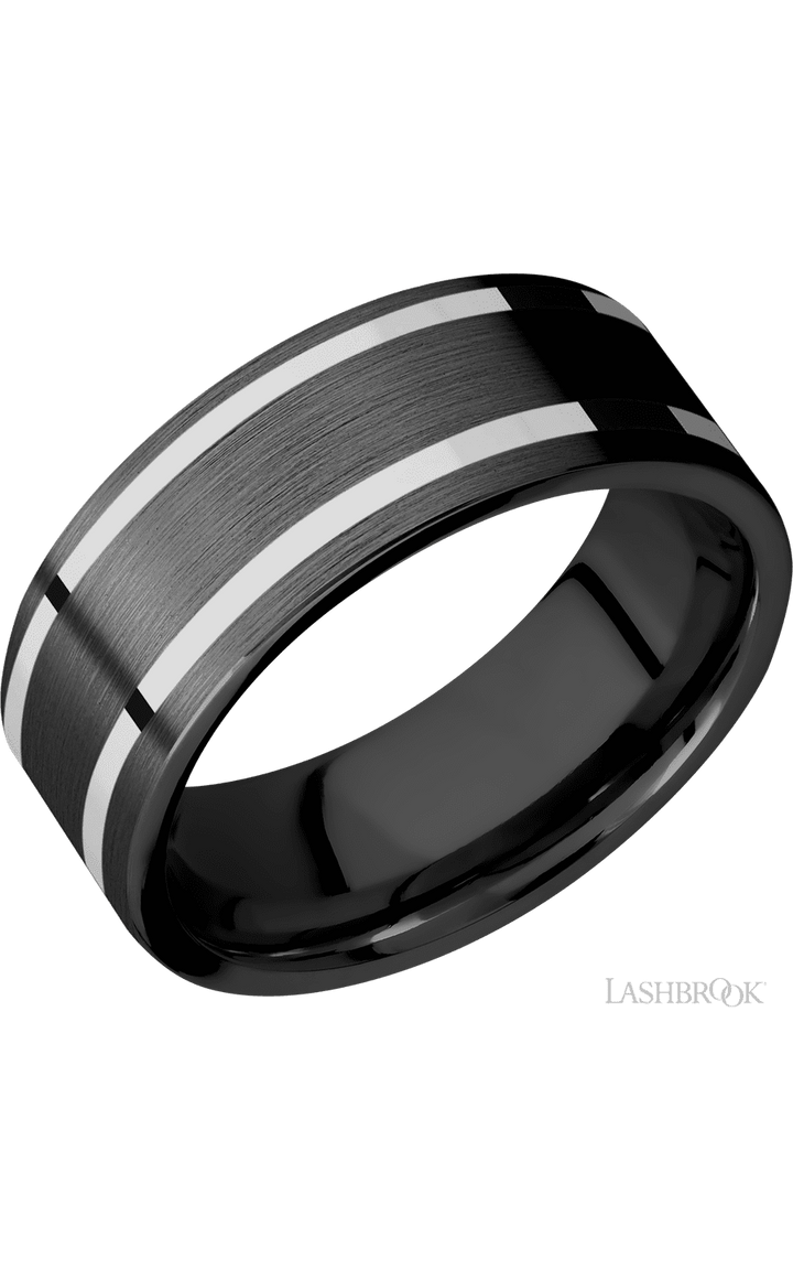 8 mm wide/Flat/Zirconium band with two 1 mm Wide inlays of 14K White Gold.