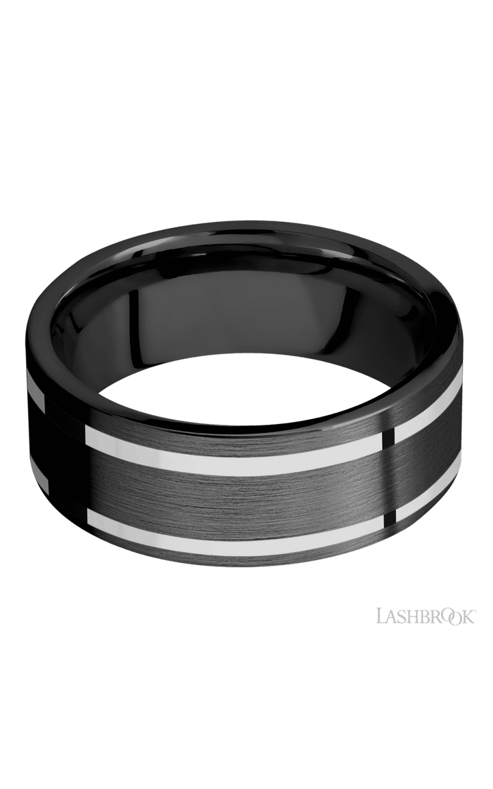 8 mm wide/Flat/Zirconium band with two 1 mm Wide inlays of 14K White Gold.
