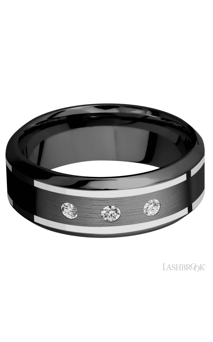 8 mm wide/High Bevel/Zirconium band with  two 1 mm Wide inlays of 14K White Gold and featuring an  arrangement of 3, .05 carat Round Diamond (ST) stones in a Flush setting