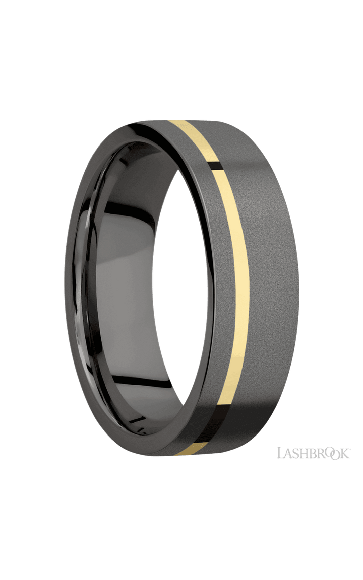 7 mm wide/Flat/Tantalum Noir band with one 1 mm Off Center inlay of 14K Yellow Gold.