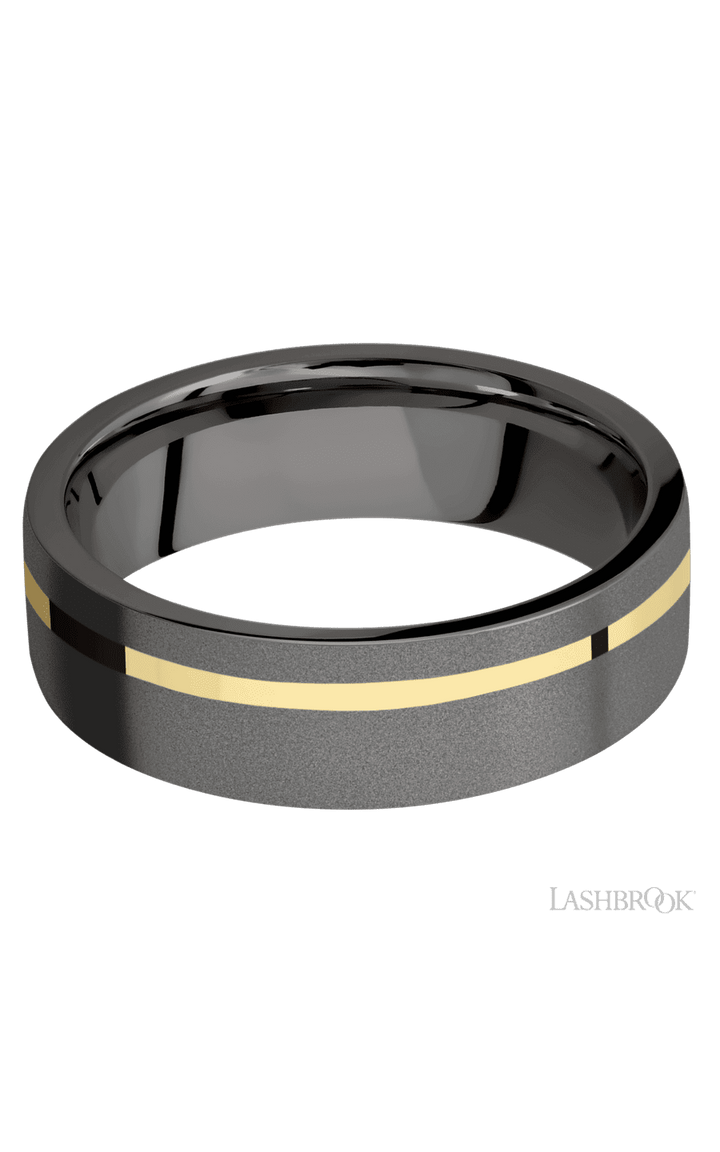 7 mm wide/Flat/Tantalum Noir band with one 1 mm Off Center inlay of 14K Yellow Gold.