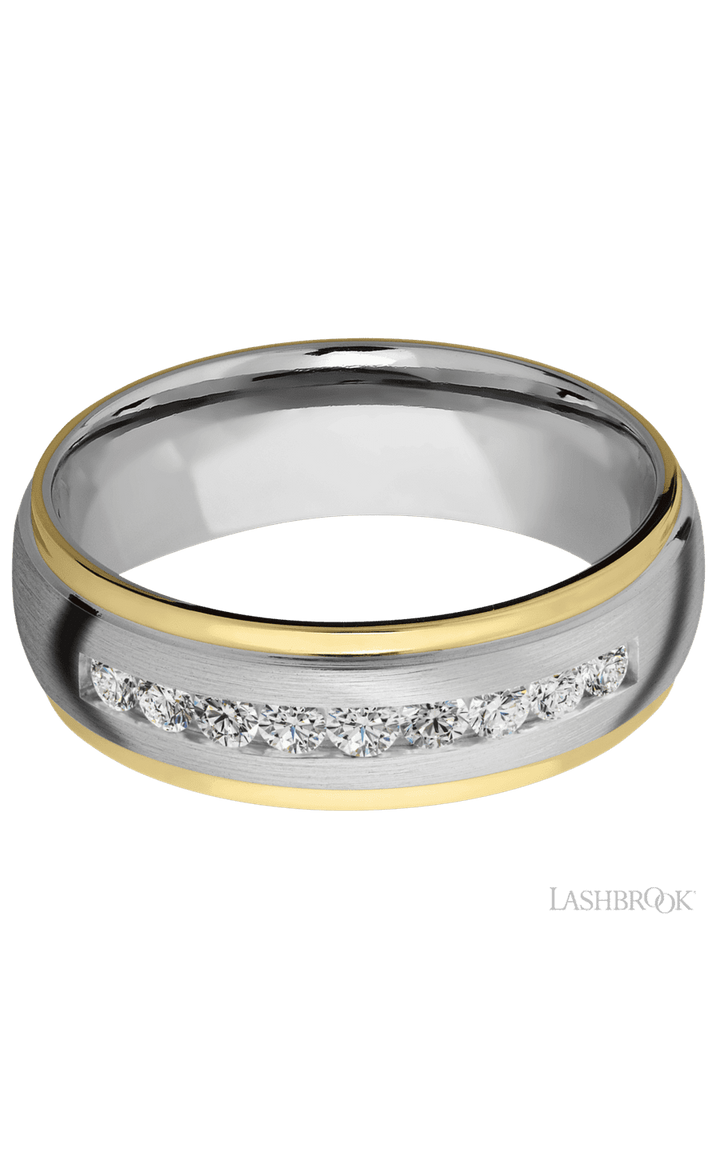 7 mm wide/Domed Stepped Down Edges/Cobalt Chrome band with an  arrangement of 9, .05 carat Round Lab Grown Diamond stones in a Channel setting and featuring two 1 mm Edge inlays of 14K Yellow Gold