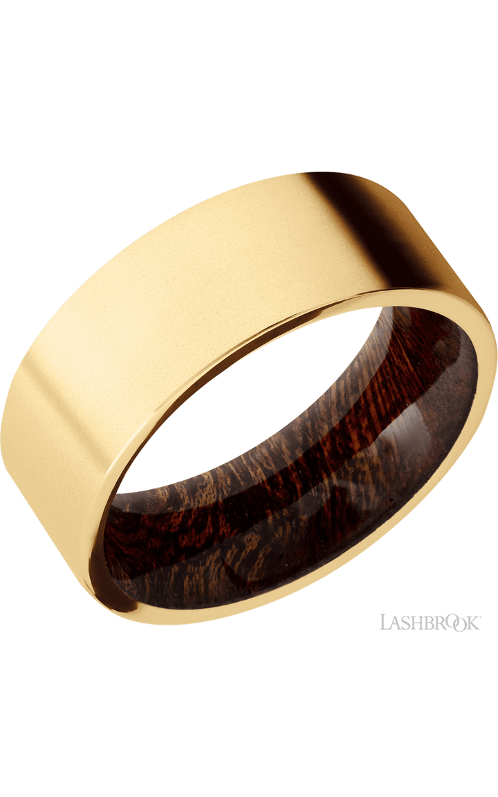 8 mm wide Flat 14K Yellow Gold band featuring a Sapele sleeve.