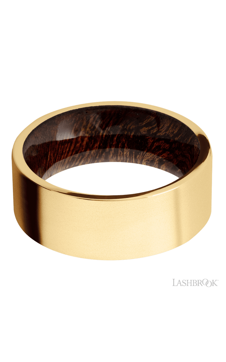 8 mm wide Flat 14K Yellow Gold band featuring a Sapele sleeve.