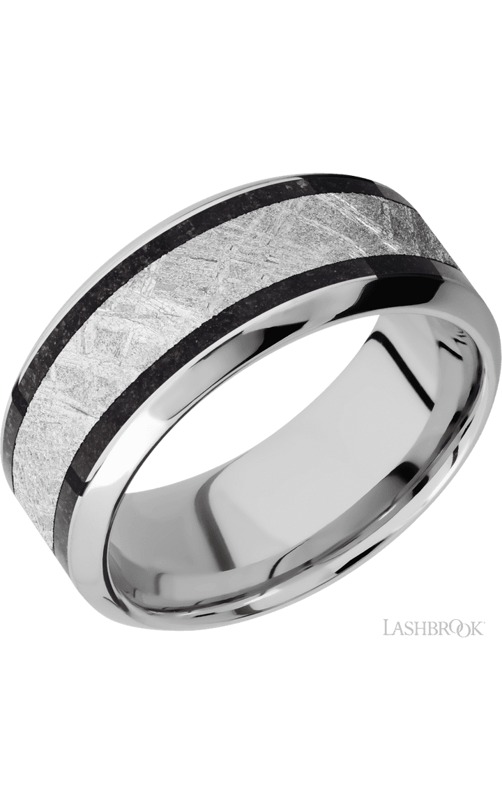 9 mm wide/High Bevel/Cobalt Chrome band featuring inlays of Dinosaur Bone Black and Meteorite.