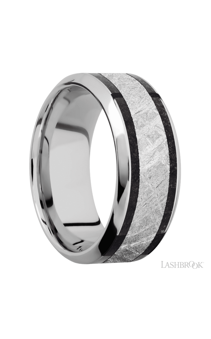 9 mm wide/High Bevel/Cobalt Chrome band featuring inlays of Dinosaur Bone Black and Meteorite.