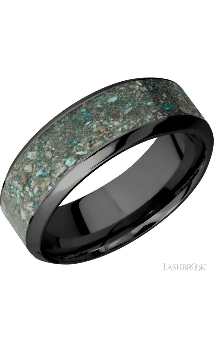 8 mm wide/High Bevel/Zirconium band with one 5 mm Centered inlay of Ocean Jasper.