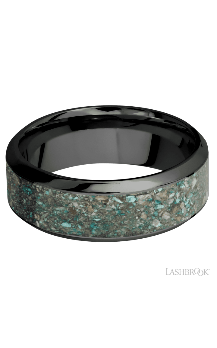 8 mm wide/High Bevel/Zirconium band with one 5 mm Centered inlay of Ocean Jasper.