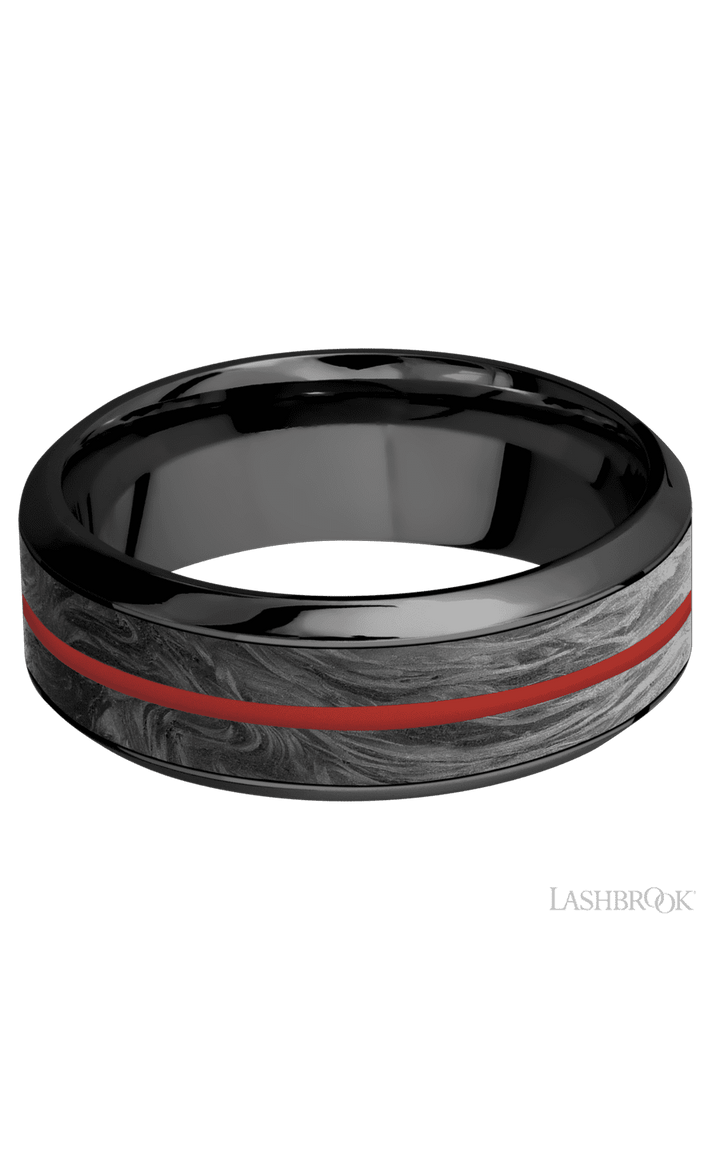 8 mm wide/High Bevel/Zirconium band featuring inlays of Forged Carbon Fiber and USMC Red.