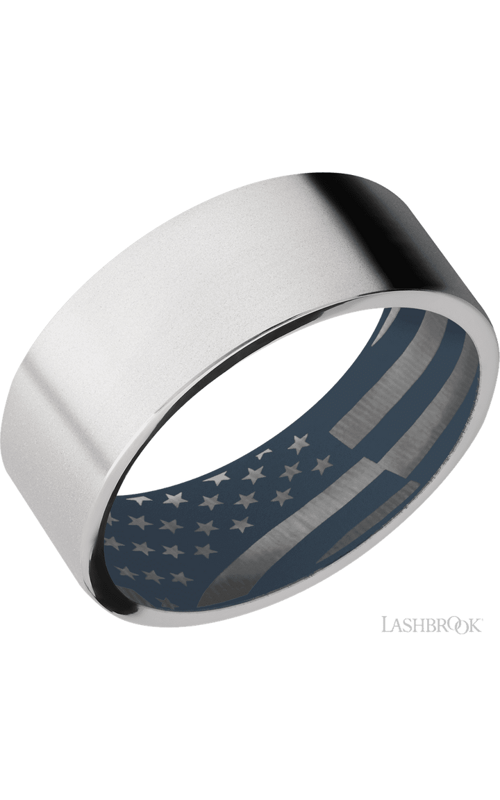 8 mm wide Flat Cobalt Chrome band featuring a Navy Blue sleeve.