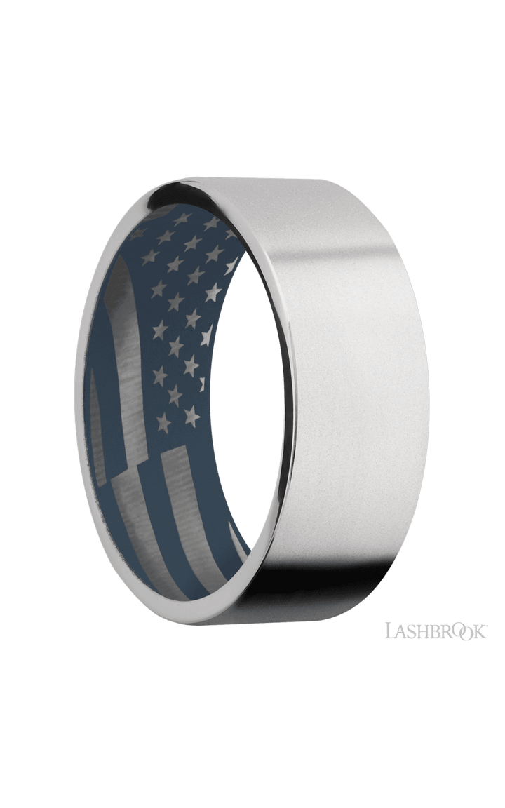 8 mm wide Flat Cobalt Chrome band featuring a Navy Blue sleeve.