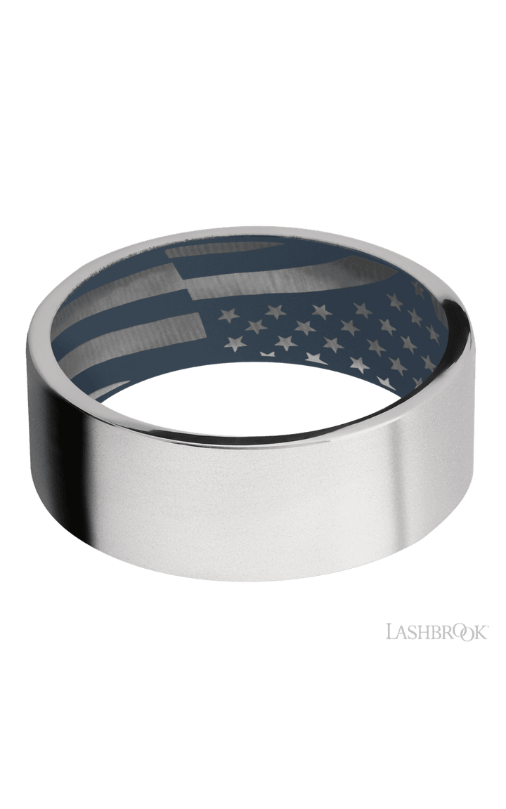 8 mm wide Flat Cobalt Chrome band featuring a Navy Blue sleeve.