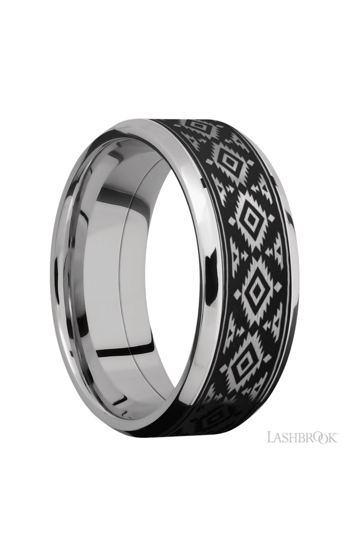 8 mm wide/Beveled/Cobalt Chrome band with one 6 mm Centered inlay of Tantalum with a laser carved Aztec 2 pattern.