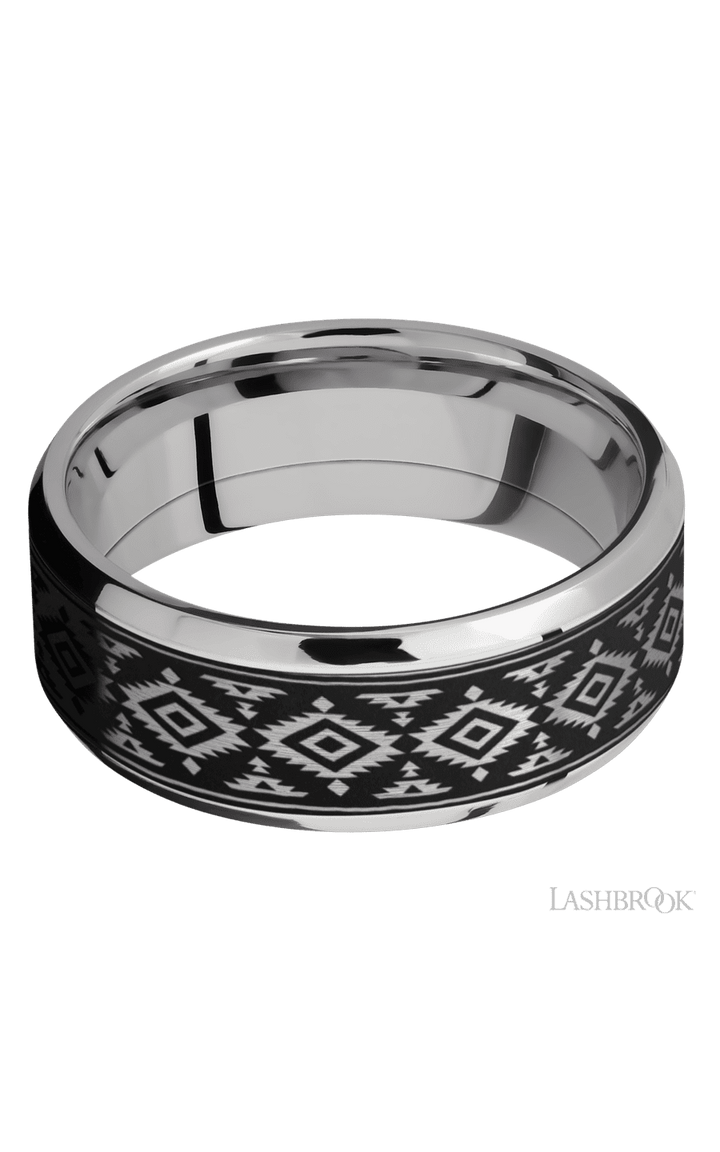 8 mm wide/Beveled/Cobalt Chrome band with one 6 mm Centered inlay of Tantalum with a laser carved Aztec 2 pattern.