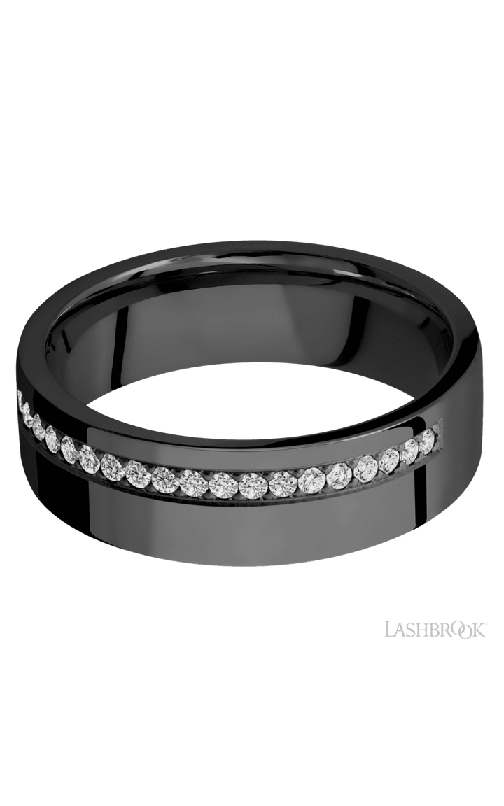 7 mm wide/Flat/Zirconium band with a Off Center Half Eternity arrangement of .015 carat Round Diamond stones in a Bead setting.