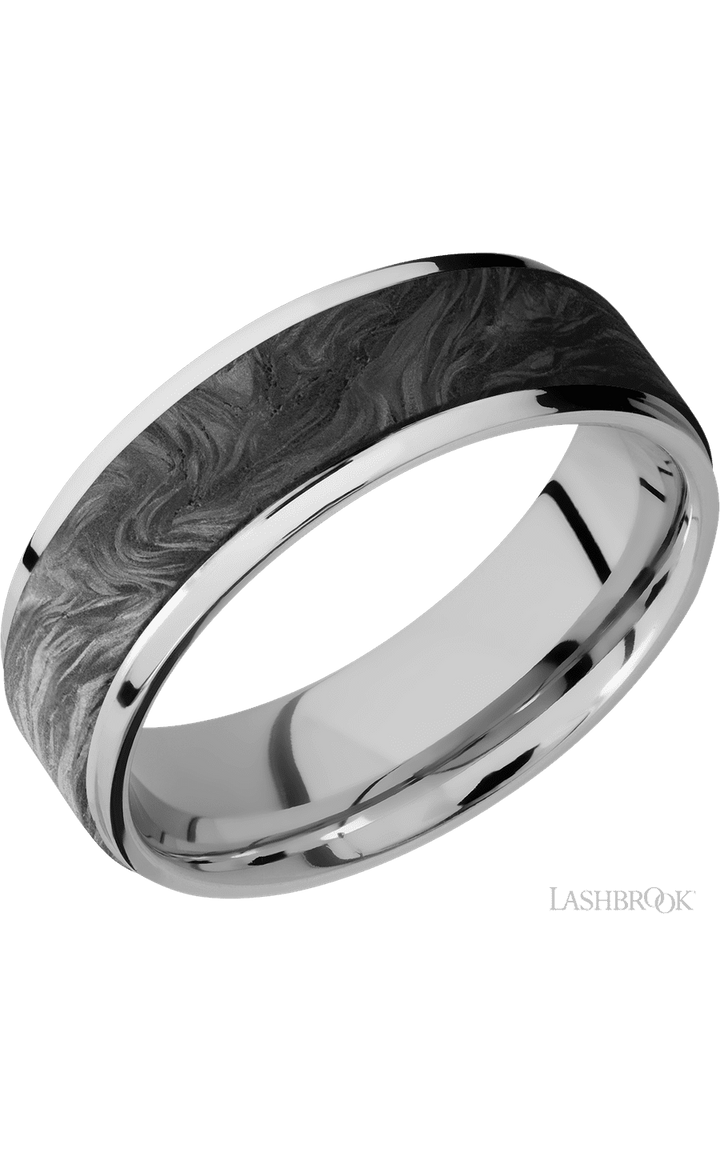 7 mm wide/Flat Grooved Edges/Cobalt Chrome band with one 5 mm Raised Centered inlay of Forged Carbon Fiber.