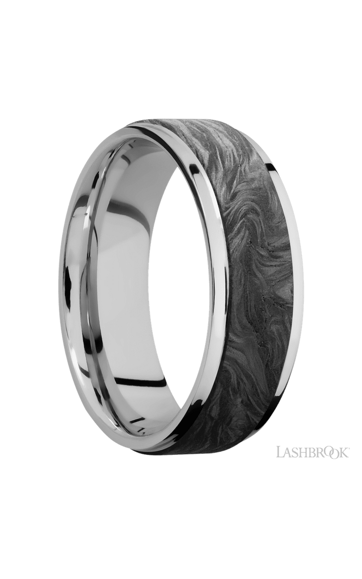 7 mm wide/Flat Grooved Edges/Cobalt Chrome band with one 5 mm Raised Centered inlay of Forged Carbon Fiber.