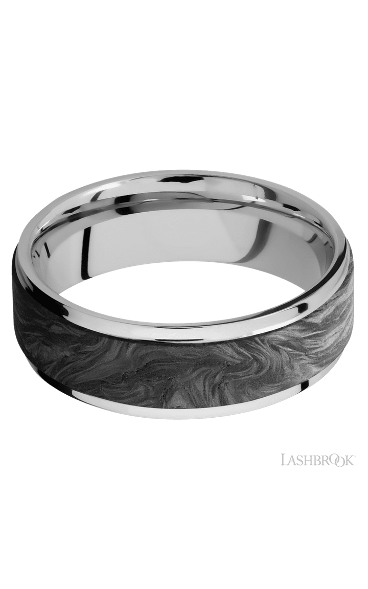 7 mm wide/Flat Grooved Edges/Cobalt Chrome band with one 5 mm Raised Centered inlay of Forged Carbon Fiber.
