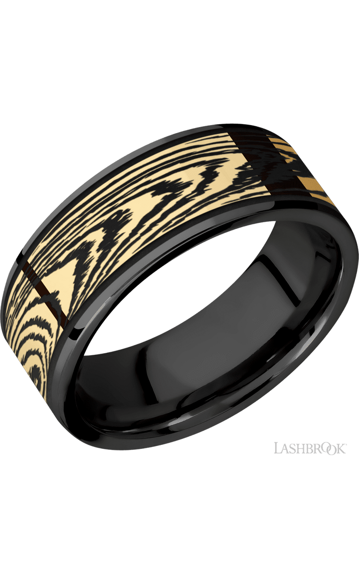 8 mm wide/Flat/Zirconium band with one 6 mm Centered inlay of 14K Yellow Gold with a laser carved Woodgrain pattern.