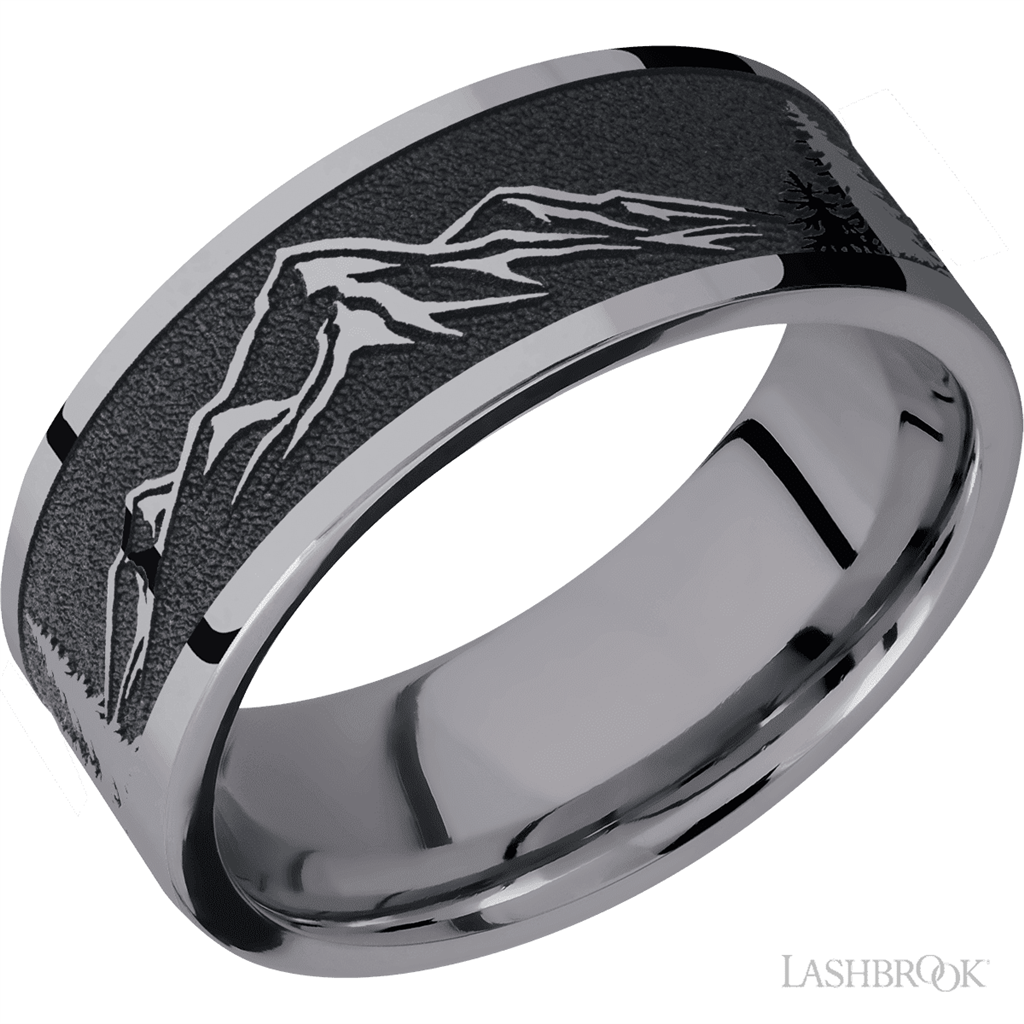 Grey Tantalum Alternative Metal Ring 8mm wide with a Mountian 2 pattern Black Color Size 9.25