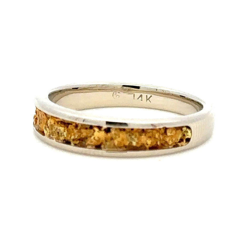 4X2mm Wide Tapered Channel Style Womans Wedding Bands With Gold Nugget 14 Karat Gold & Alaskan Gold Nugget White size 7