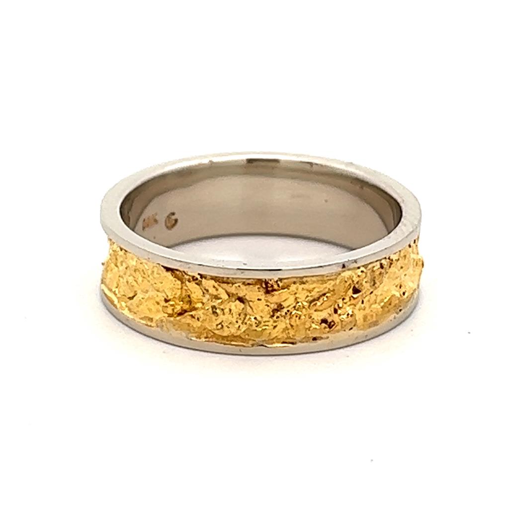 Straight Channel Style Womans Wedding Bands With Gold Nugget 14 KT White & Yellow size 8