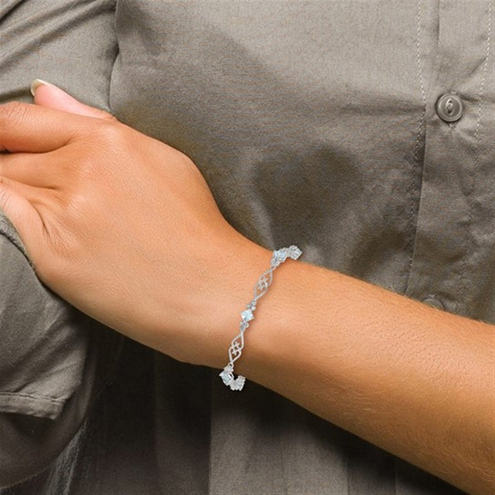 Clasp Style Gemstone Bracelet Sterling Silver White With Aqua & Aqua 7" Long
