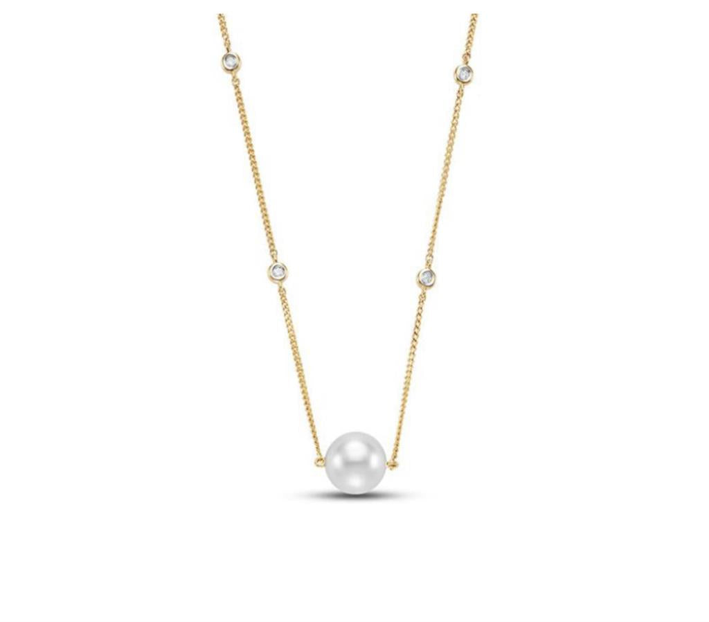 In Line Necklace 14 KT Yellow 18" with Fresh Water Pearl Cultured & Diamonds On a Spiga Chain 14 KT Yellow