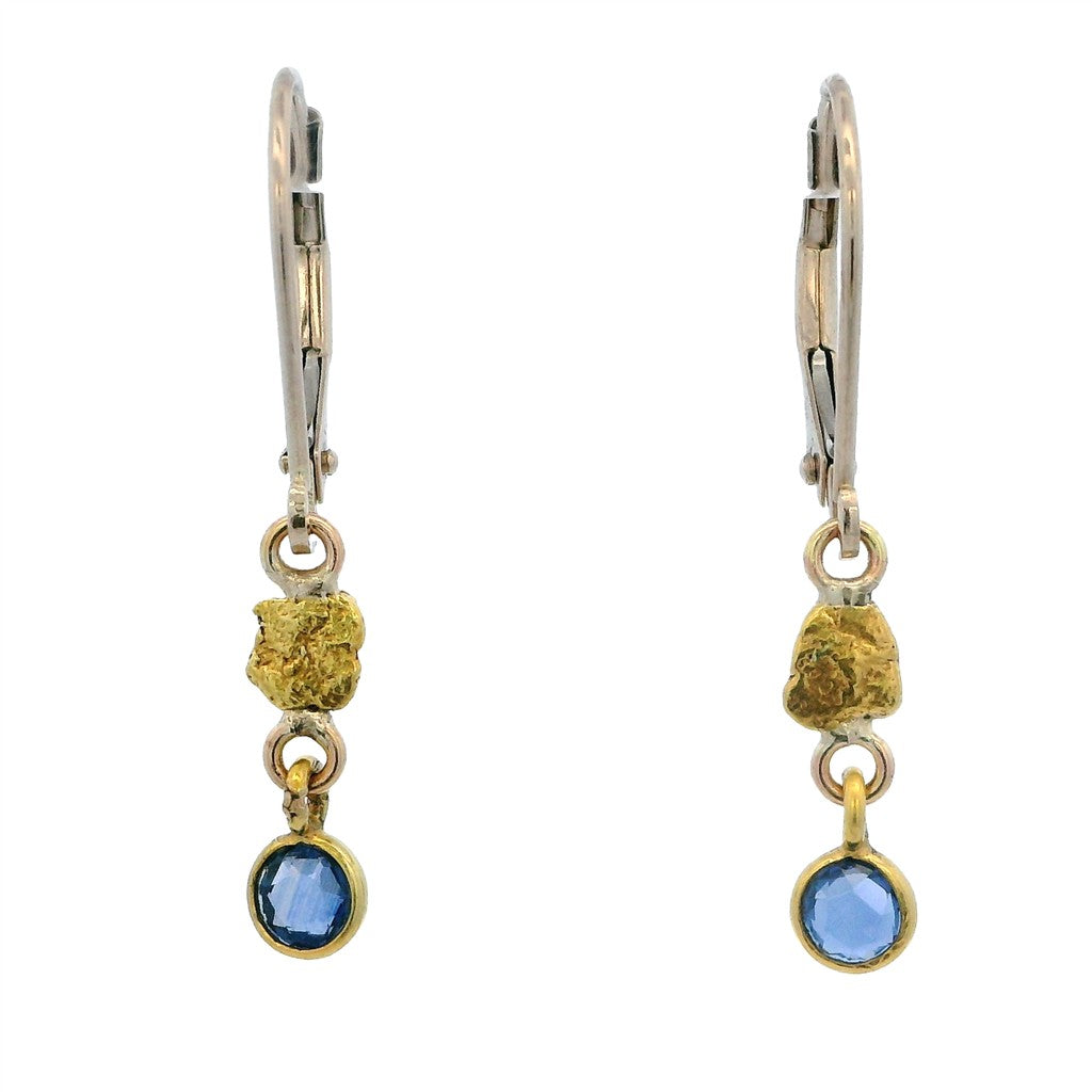 Earrings Alaskana Dangle Drops 14 Karat Gold & Alaskan Gold Nugget Blue Sapphires