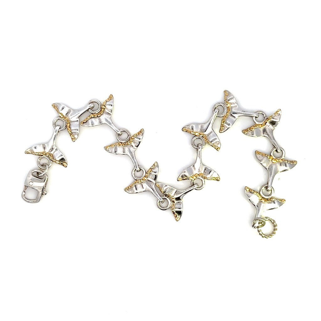 Whale Tail Link Bracelet Sterling Silver & Alaskan Gold Nugget Two Tone Color 7" Long