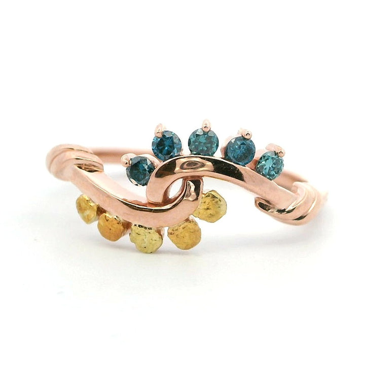 5 Stone Style Fashion Ring Womens 14 Karat Gold & Alaskan Gold Nugget Two Tone with Diamonds size 7.25