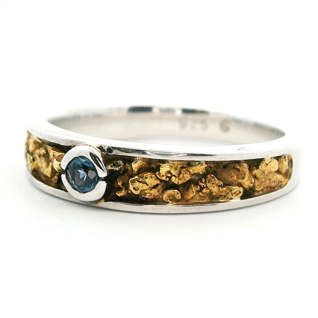 4X2mm Wide Tapered Channel Style Womans Wedding Bands With Gold Nugget Sterling Silver & Alaskan Gold Nugget Two Tone with Sapphire size 7
