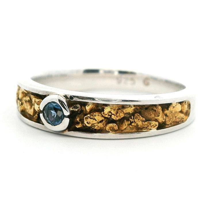 4X2mm Wide Tapered Channel Style Womans Wedding Bands With Gold Nugget Sterling Silver & Alaskan Gold Nugget Two Tone with Sapphire size 7