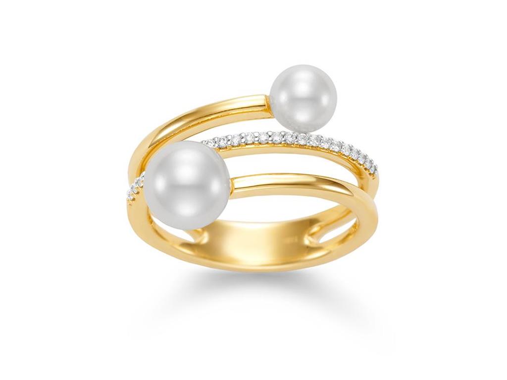 2 Stone Style Pearl Ring 18 KT Yellow with Fresh Water Pearl & Diamonds Accent & Fresh Water Pearl Accent size 7.25