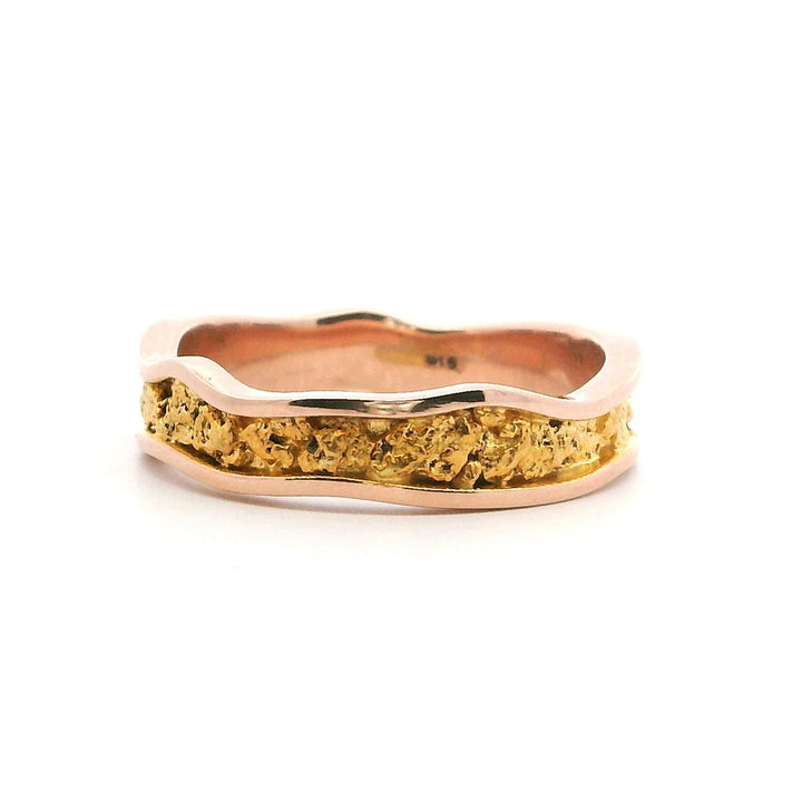 5 mm Wide Wavy Channel Style Womans Gold Nugget Wedding Band 14 Karat Gold & Alaskan Gold Nugget Rose size 9