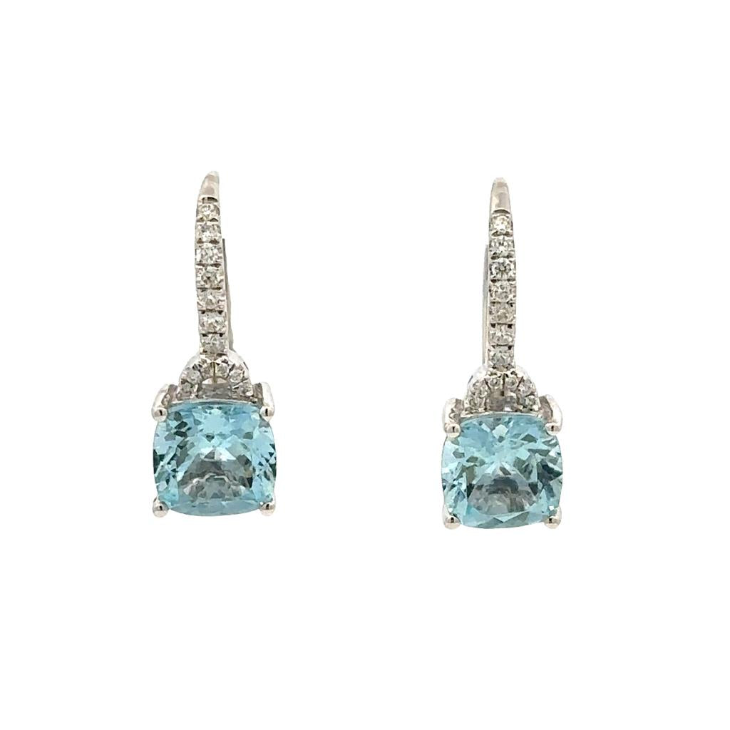 Earrings Precious Metal With Colored Stone Dangle Drop 14 KT White With Aquas 0.17 ctw & Diamonds