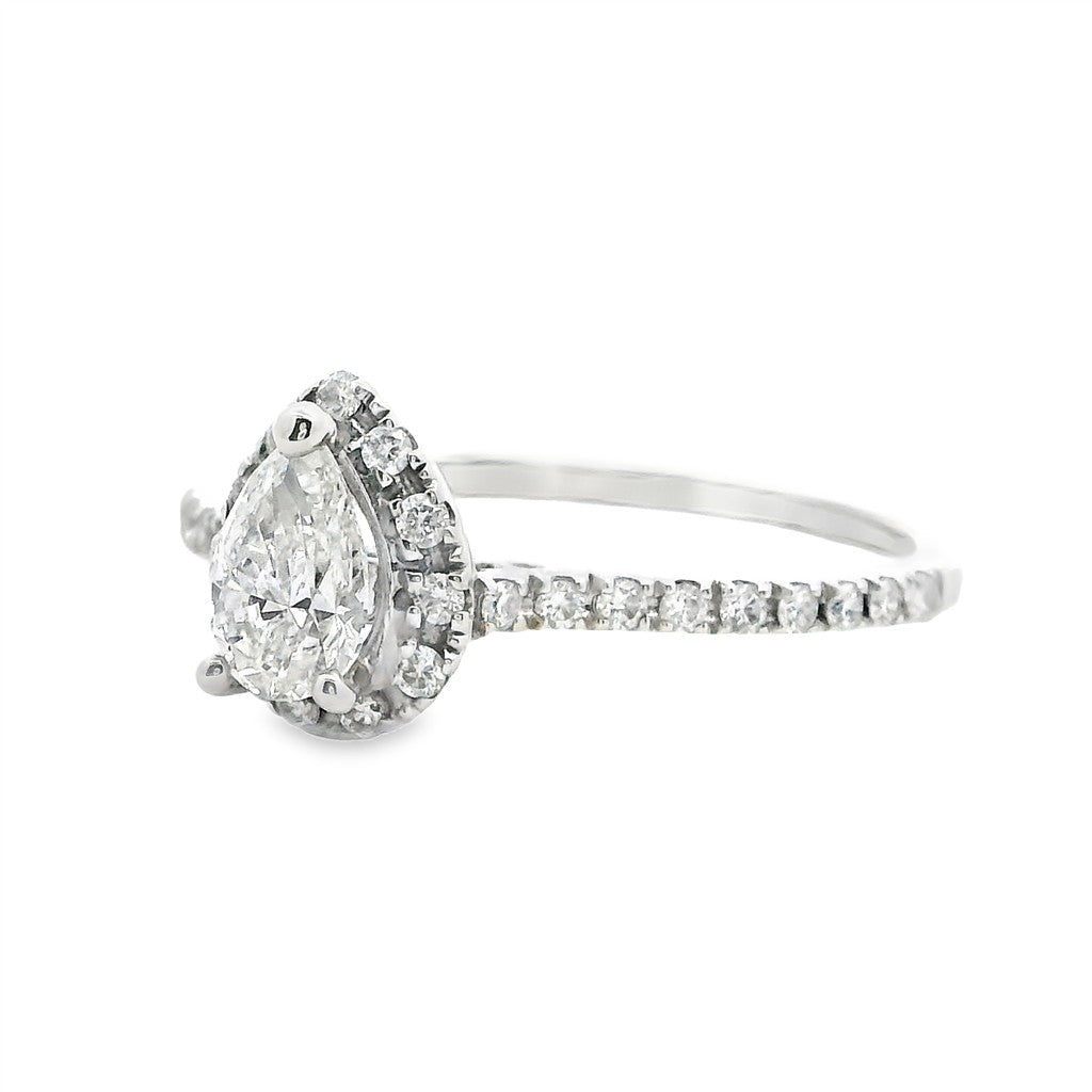 Halo Diamond Engagement Ring White 14 Karat Gold With A 0.40 Carat Pear Shape Diamond Center & Round Shape Diamond Side Stones